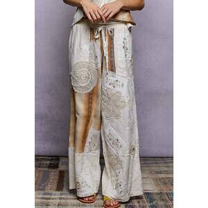 "Deacon" Patchwork Wide Leg Pants in Ivory Chocolate Plaid